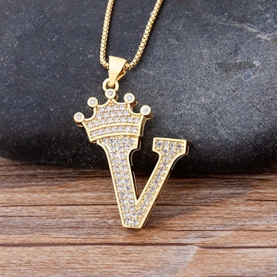 Nidin New Luxury Copper Zircon A-Z Crown Alphabet Pendant Chain Necklace Hip-Hop Style Fashion