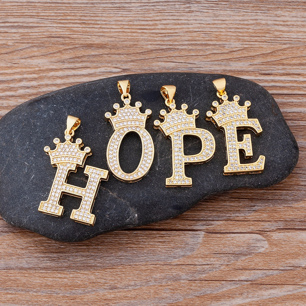Nidin New Luxury Copper Zircon A-Z Crown Alphabet Pendant Chain Necklace Hip-Hop Style Fashion