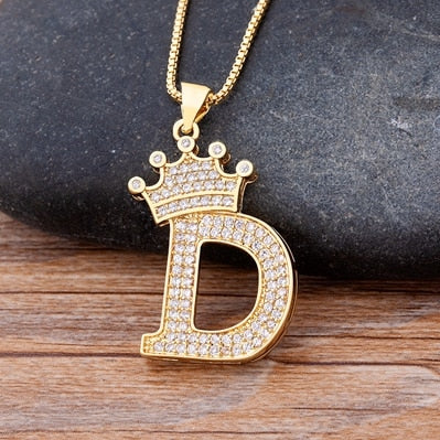 Nidin New Luxury Copper Zircon A-Z Crown Alphabet Pendant Chain Necklace Hip-Hop Style Fashion
