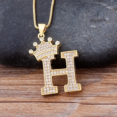 Nidin New Luxury Copper Zircon A-Z Crown Alphabet Pendant Chain Necklace Hip-Hop Style Fashion