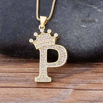 Nidin New Luxury Copper Zircon A-Z Crown Alphabet Pendant Chain Necklace Hip-Hop Style Fashion