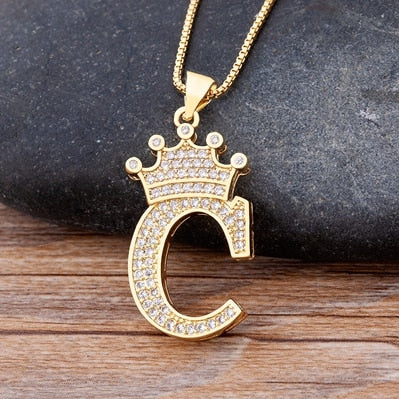 Nidin New Luxury Copper Zircon A-Z Crown Alphabet Pendant Chain Necklace Hip-Hop Style Fashion