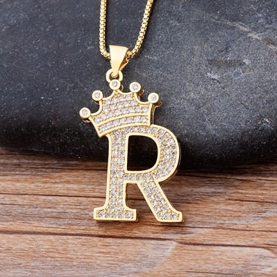 Nidin New Luxury Copper Zircon A-Z Crown Alphabet Pendant Chain Necklace Hip-Hop Style Fashion