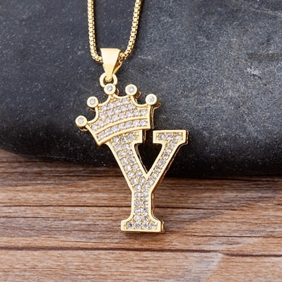 Nidin New Luxury Copper Zircon A-Z Crown Alphabet Pendant Chain Necklace Hip-Hop Style Fashion