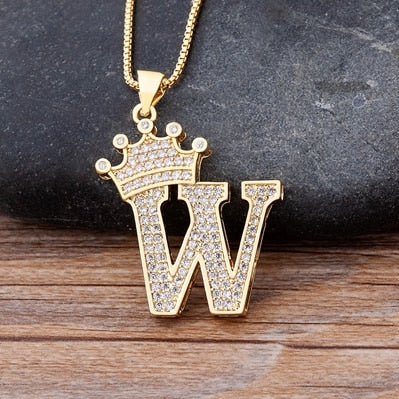Nidin New Luxury Copper Zircon A-Z Crown Alphabet Pendant Chain Necklace Hip-Hop Style Fashion