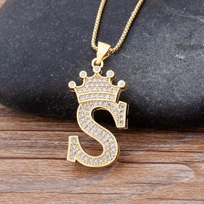 Nidin New Luxury Copper Zircon A-Z Crown Alphabet Pendant Chain Necklace Hip-Hop Style Fashion