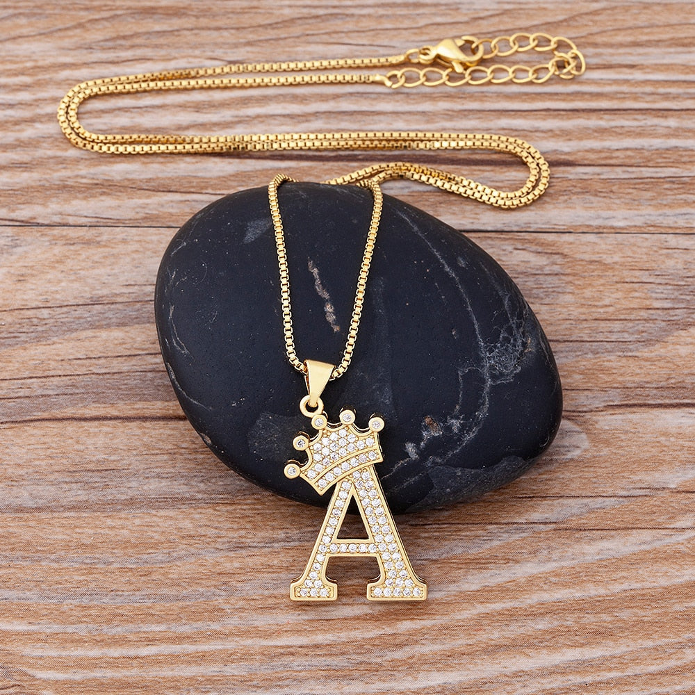 Nidin New Luxury Copper Zircon A-Z Crown Alphabet Pendant Chain Necklace Hip-Hop Style Fashion