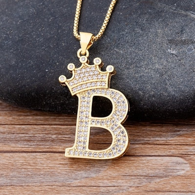 Nidin New Luxury Copper Zircon A-Z Crown Alphabet Pendant Chain Necklace Hip-Hop Style Fashion