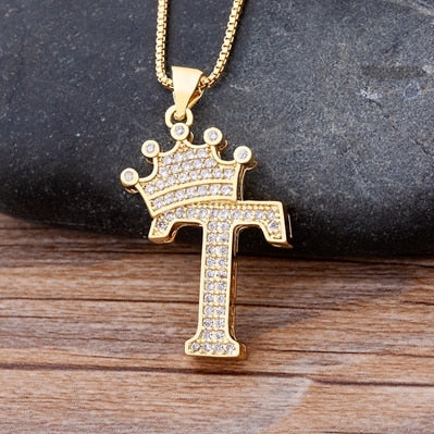 Nidin New Luxury Copper Zircon A-Z Crown Alphabet Pendant Chain Necklace Hip-Hop Style Fashion