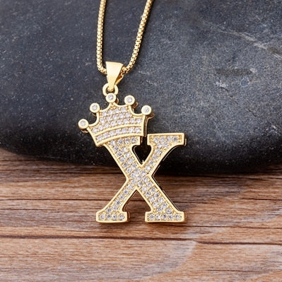 Nidin New Luxury Copper Zircon A-Z Crown Alphabet Pendant Chain Necklace Hip-Hop Style Fashion