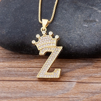 Nidin New Luxury Copper Zircon A-Z Crown Alphabet Pendant Chain Necklace Hip-Hop Style Fashion