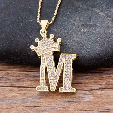 Nidin New Luxury Copper Zircon A-Z Crown Alphabet Pendant Chain Necklace Hip-Hop Style Fashion