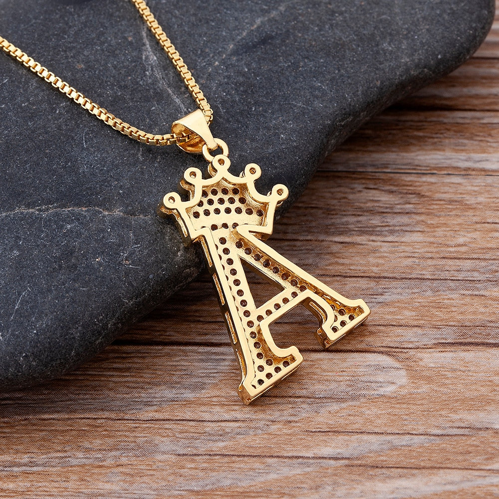 Nidin New Luxury Copper Zircon A-Z Crown Alphabet Pendant Chain Necklace Hip-Hop Style Fashion