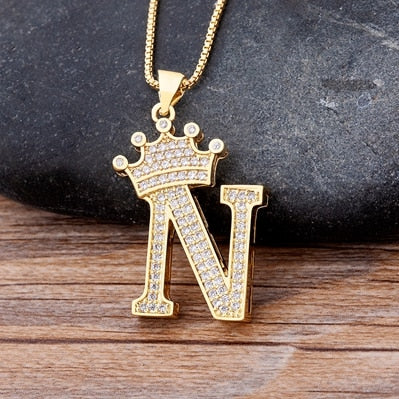 Nidin New Luxury Copper Zircon A-Z Crown Alphabet Pendant Chain Necklace Hip-Hop Style Fashion