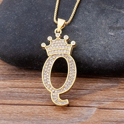 Nidin New Luxury Copper Zircon A-Z Crown Alphabet Pendant Chain Necklace Hip-Hop Style Fashion