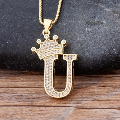 Nidin New Luxury Copper Zircon A-Z Crown Alphabet Pendant Chain Necklace Hip-Hop Style Fashion