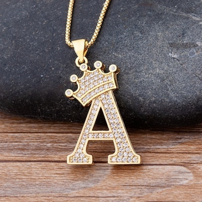 Nidin New Luxury Copper Zircon A-Z Crown Alphabet Pendant Chain Necklace Hip-Hop Style Fashion