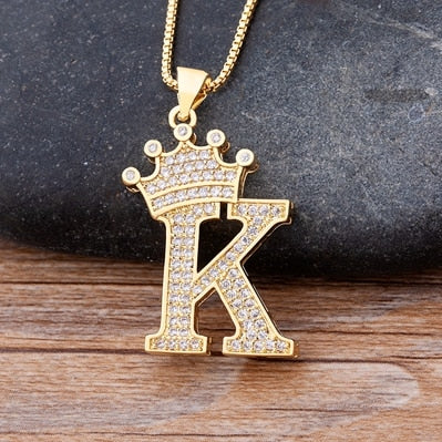 Nidin New Luxury Copper Zircon A-Z Crown Alphabet Pendant Chain Necklace Hip-Hop Style Fashion