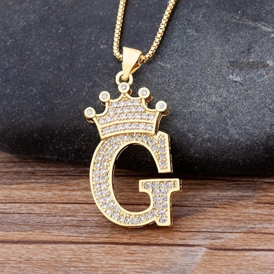 Nidin New Luxury Copper Zircon A-Z Crown Alphabet Pendant Chain Necklace Hip-Hop Style Fashion