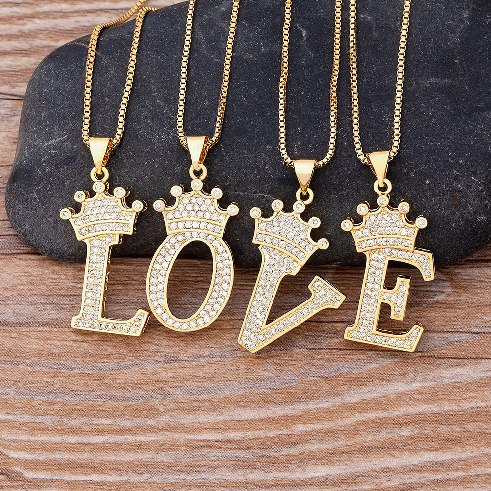 Nidin New Luxury Copper Zircon A-Z Crown Alphabet Pendant Chain Necklace Hip-Hop Style Fashion