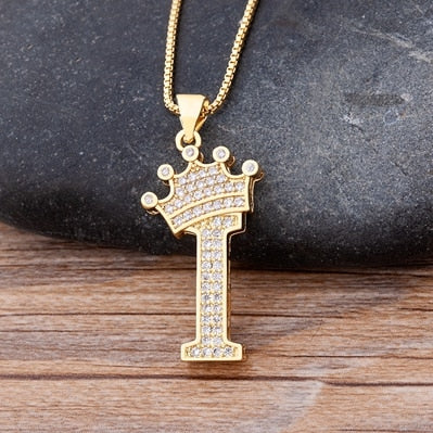 Nidin New Luxury Copper Zircon A-Z Crown Alphabet Pendant Chain Necklace Hip-Hop Style Fashion