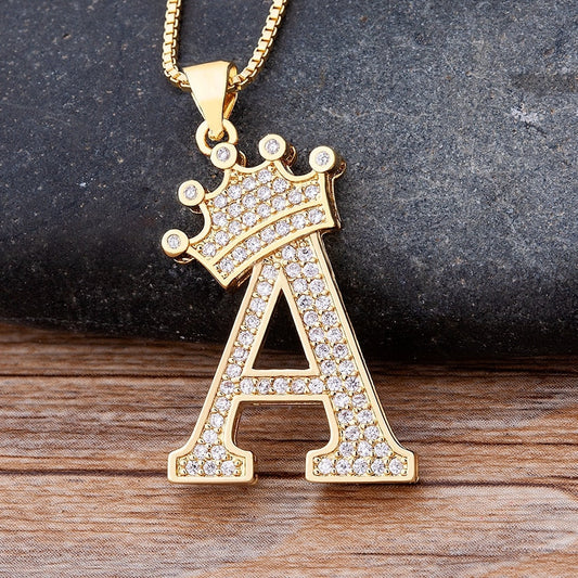 Nidin New Luxury Copper Zircon A-Z Crown Alphabet Pendant Chain Necklace Hip-Hop Style Fashion