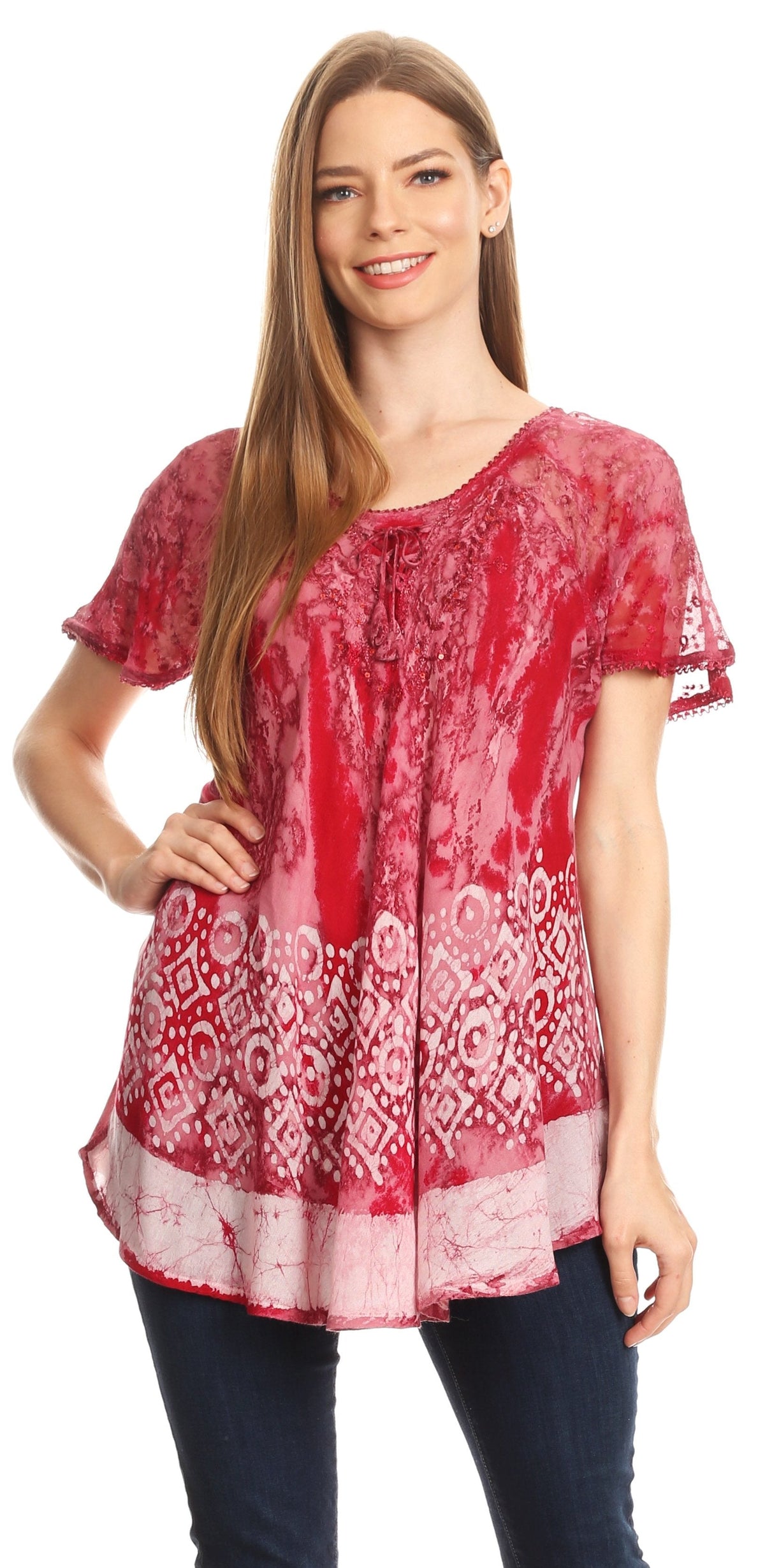 Sakkas Sara Womens Flowy Peasant Short Sleeve Top Blouse Tie-dye Batik Embroidery